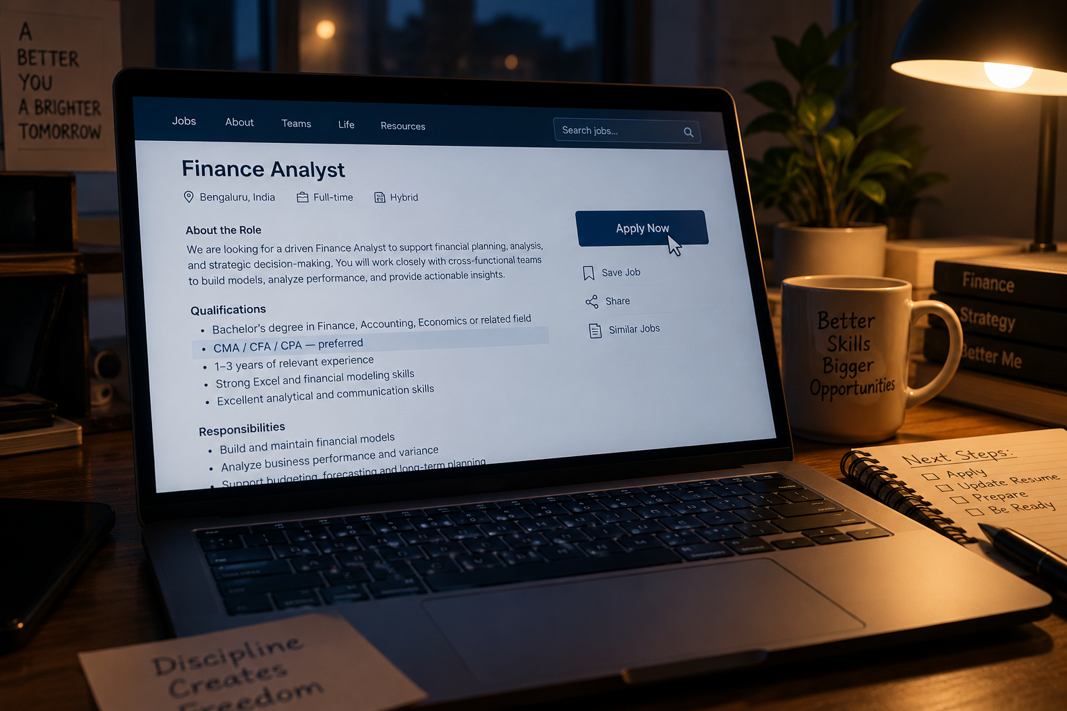 A laptop on a desk at night showing a Finance Analyst job posting with "CMA / CFA / CPA, preferred" highlighted in the qualifications list, a cursor hovering near Apply Now