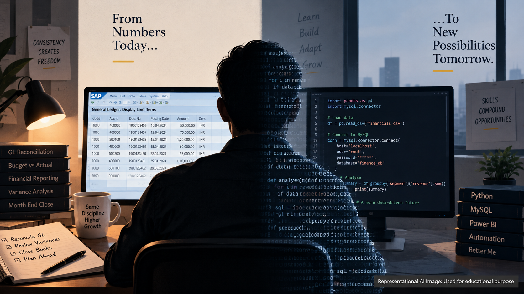 A split image contrasting an SAP general ledger screen with a Python and MySQL code editor, captioned "From Numbers Today... To New Possibilities Tomorrow," with a stack of books reading GL Reconciliation, Budget vs Actual, Python, MySQL, Power BI, and Automation