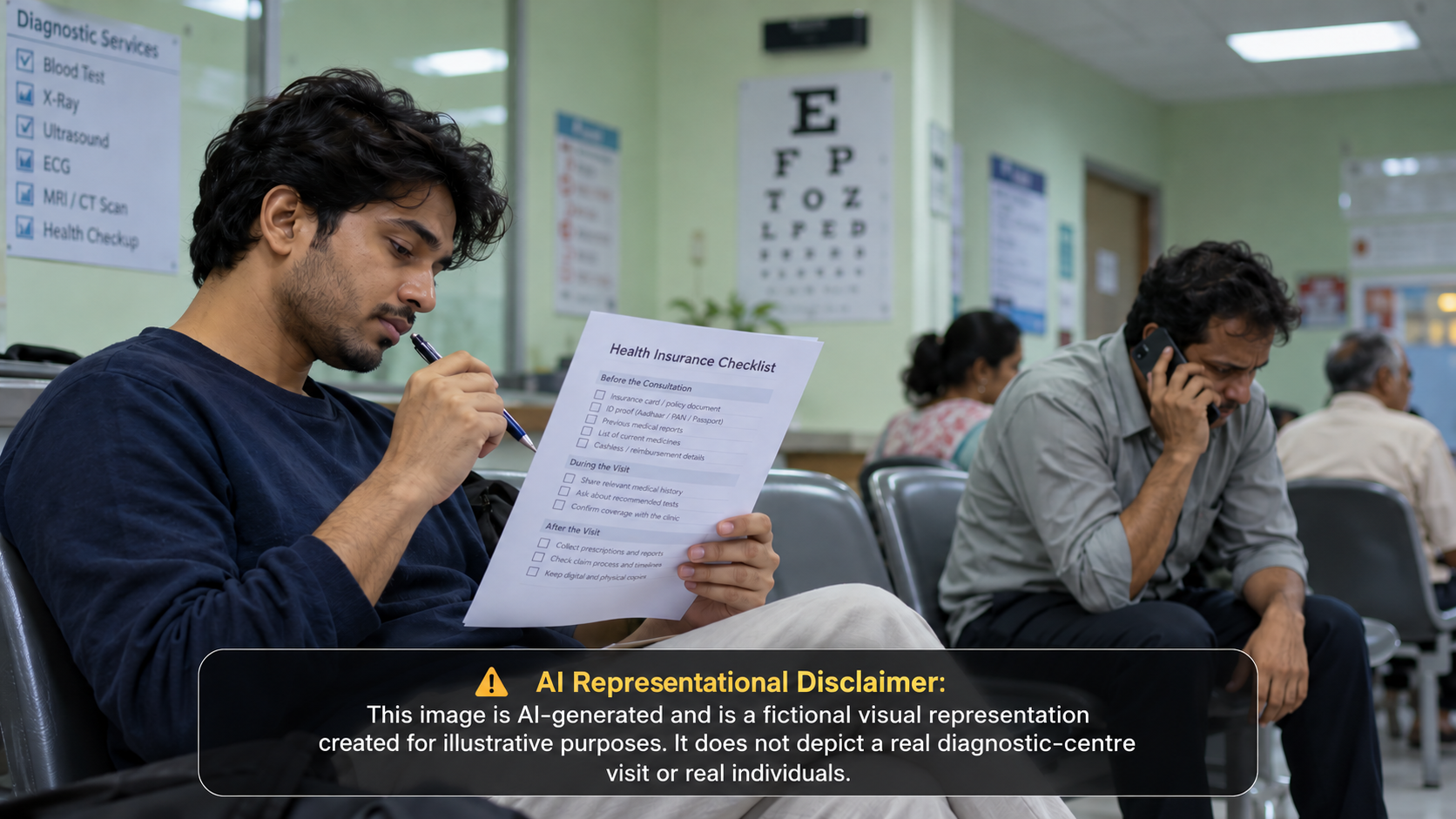A diagnostic-centre waiting room in which one man studies a printed health insurance checklist with a pen in hand while another man a few seats away holds a phone to his ear, visibly anxious