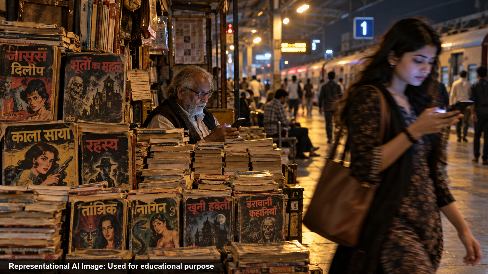 A railway platform bookstall stacked with faded Hindi pulp paperbacks under station lights, the vendor checking his phone as a young woman walks past also looking at hers, a train waiting at Platform 1