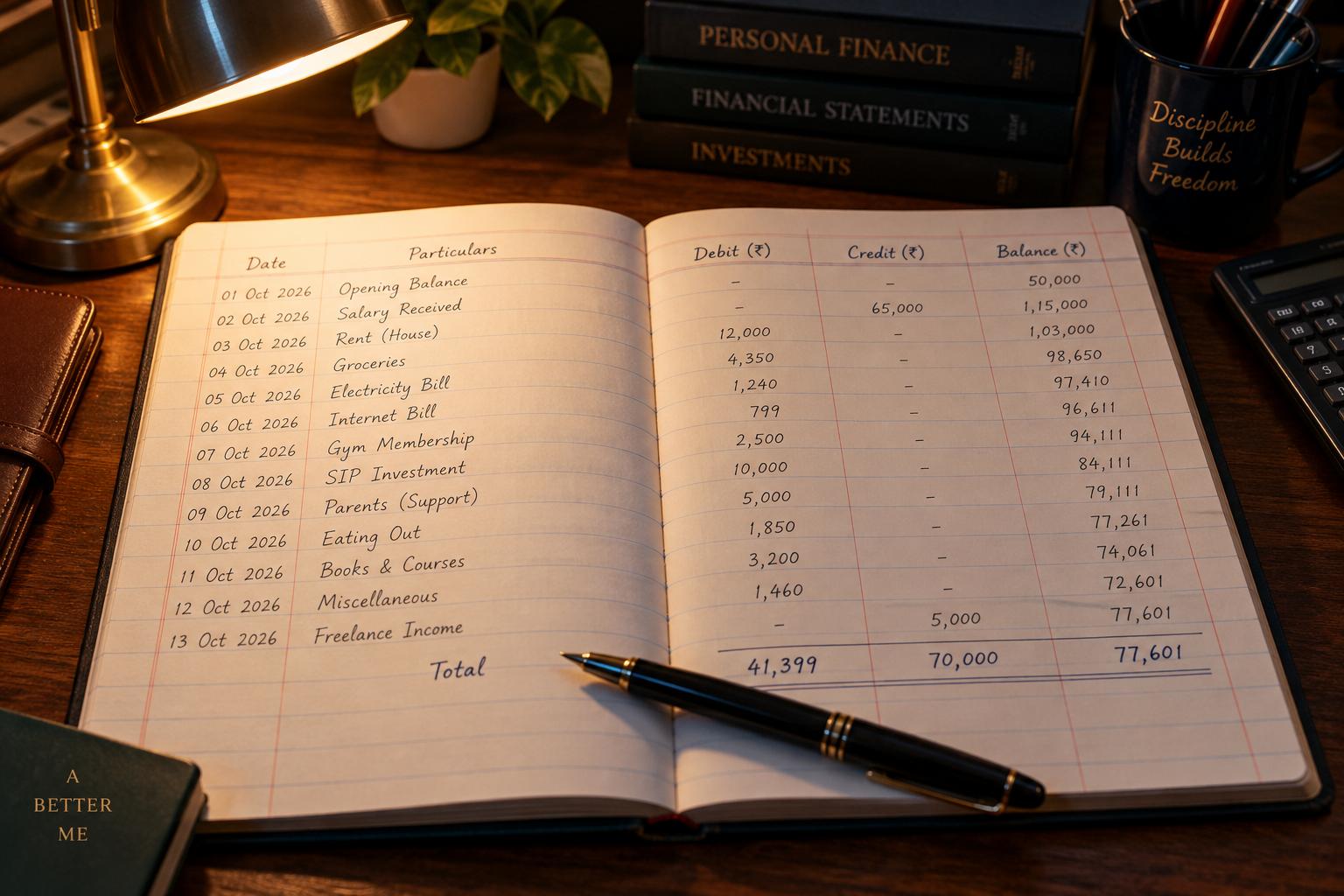 A ledger open on a desk under a brass lamp, rows of dated entries in debit, credit and balance columns, with a fountain pen resting across the totals line