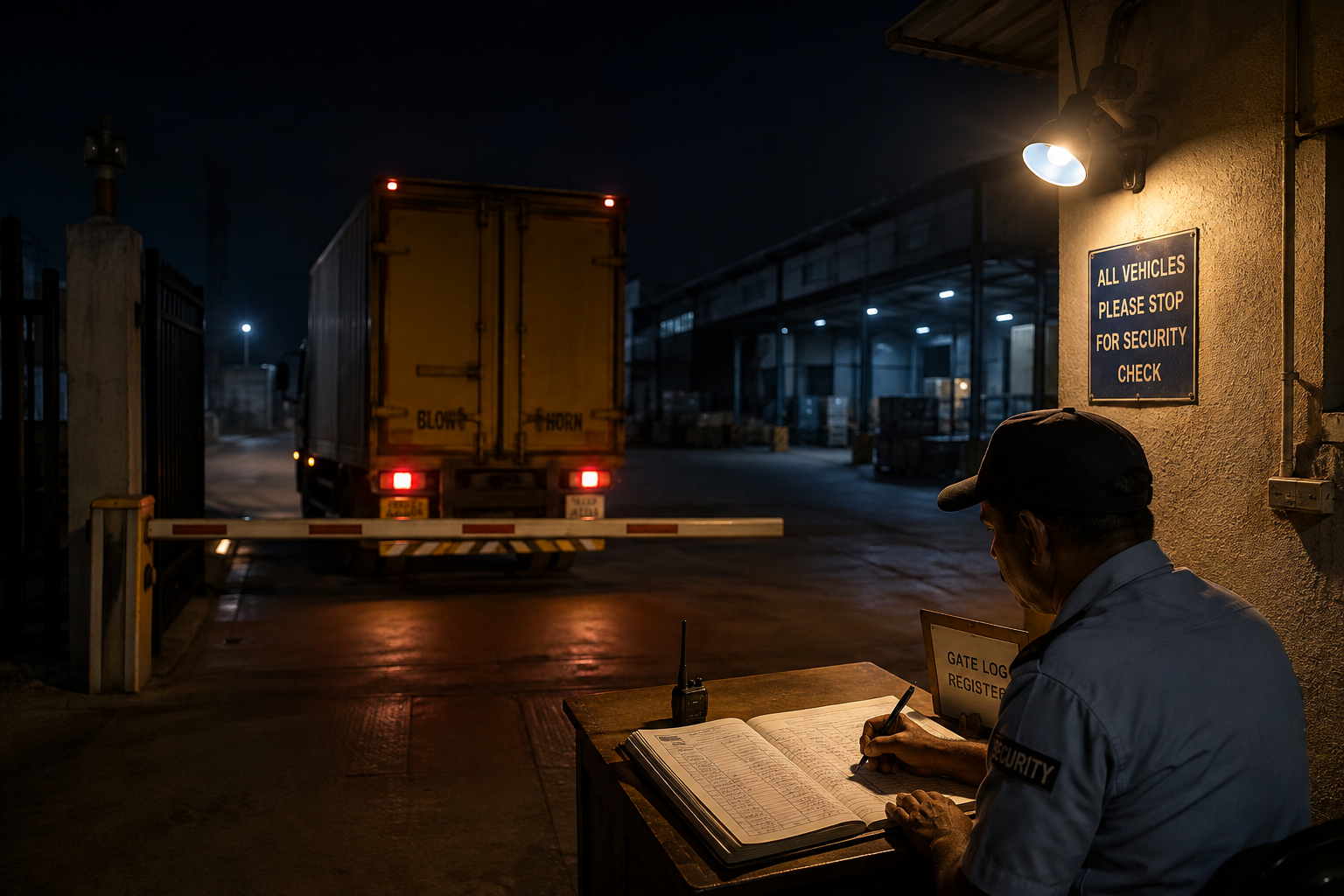 A security guard logging a truck's departure in a gate register at night, the authoritative record behind a cut-off decision