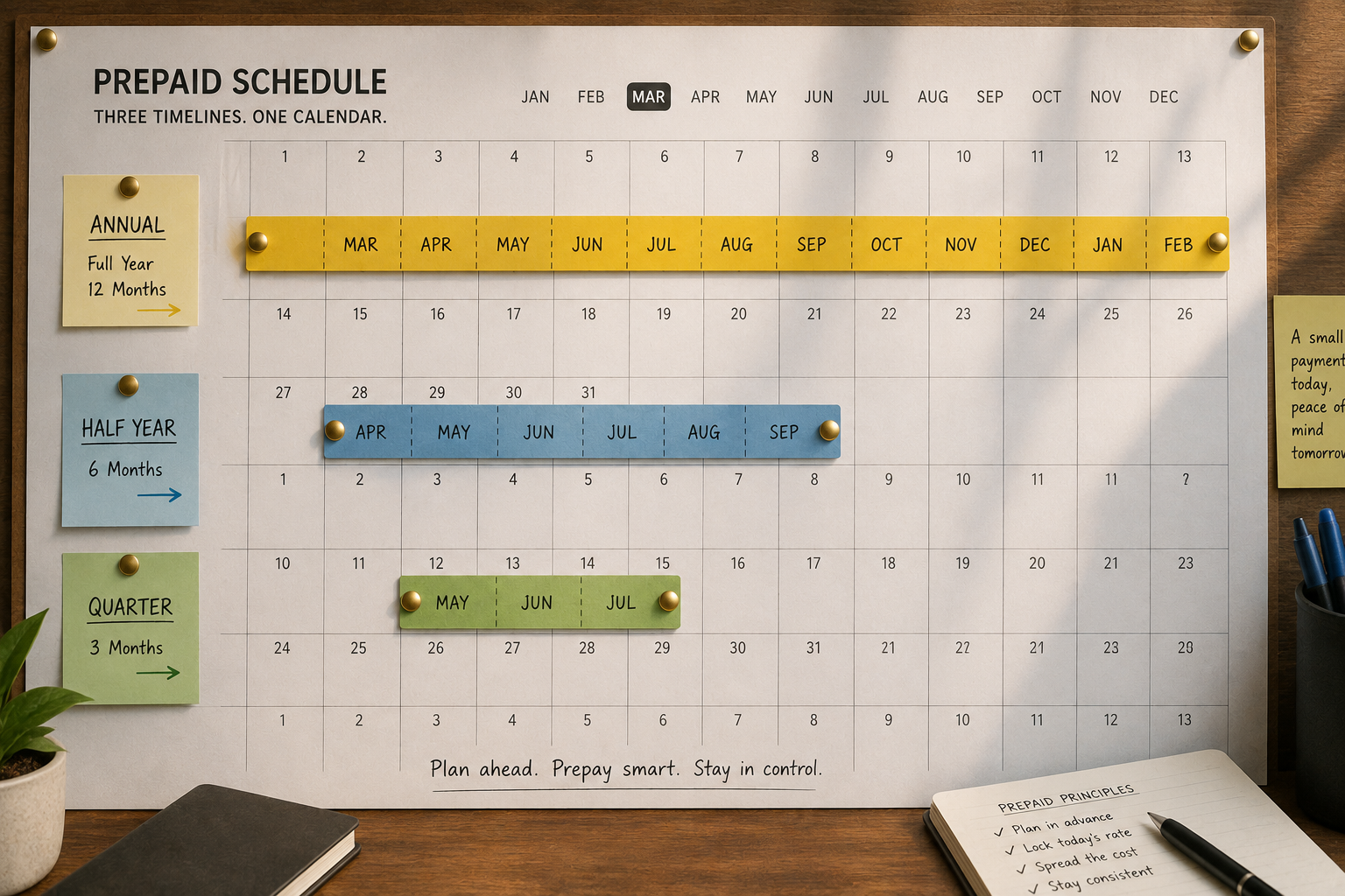 A whiteboard headed PREPAID SCHEDULE, THREE TIMELINES, ONE CALENDAR, with annual, half-year, and quarter timelines pinned across a monthly grid