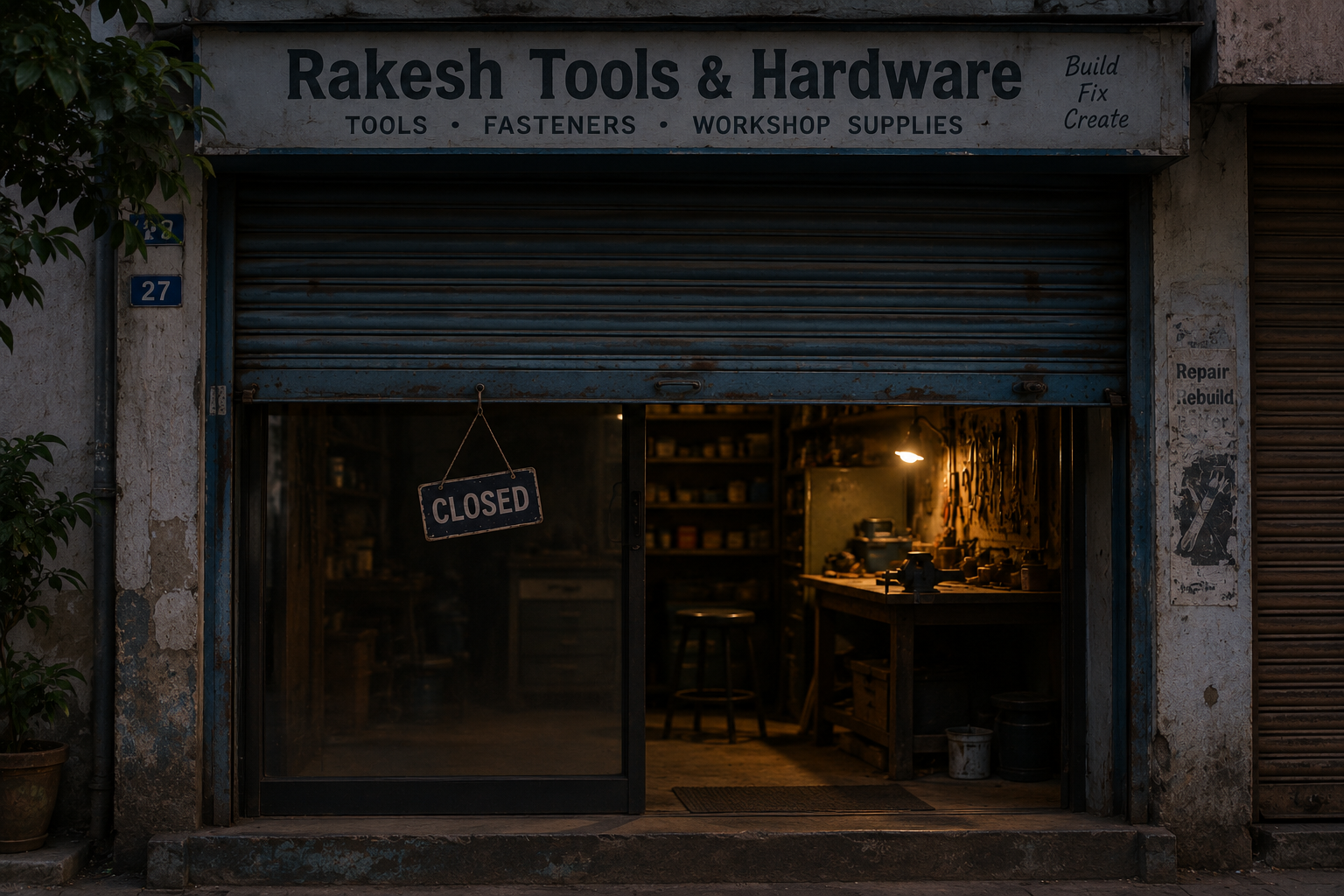 A dim hardware shop front, shutter half raised, a CLOSED sign hanging behind the glass, tools and a workbench visible inside under one lit lamp