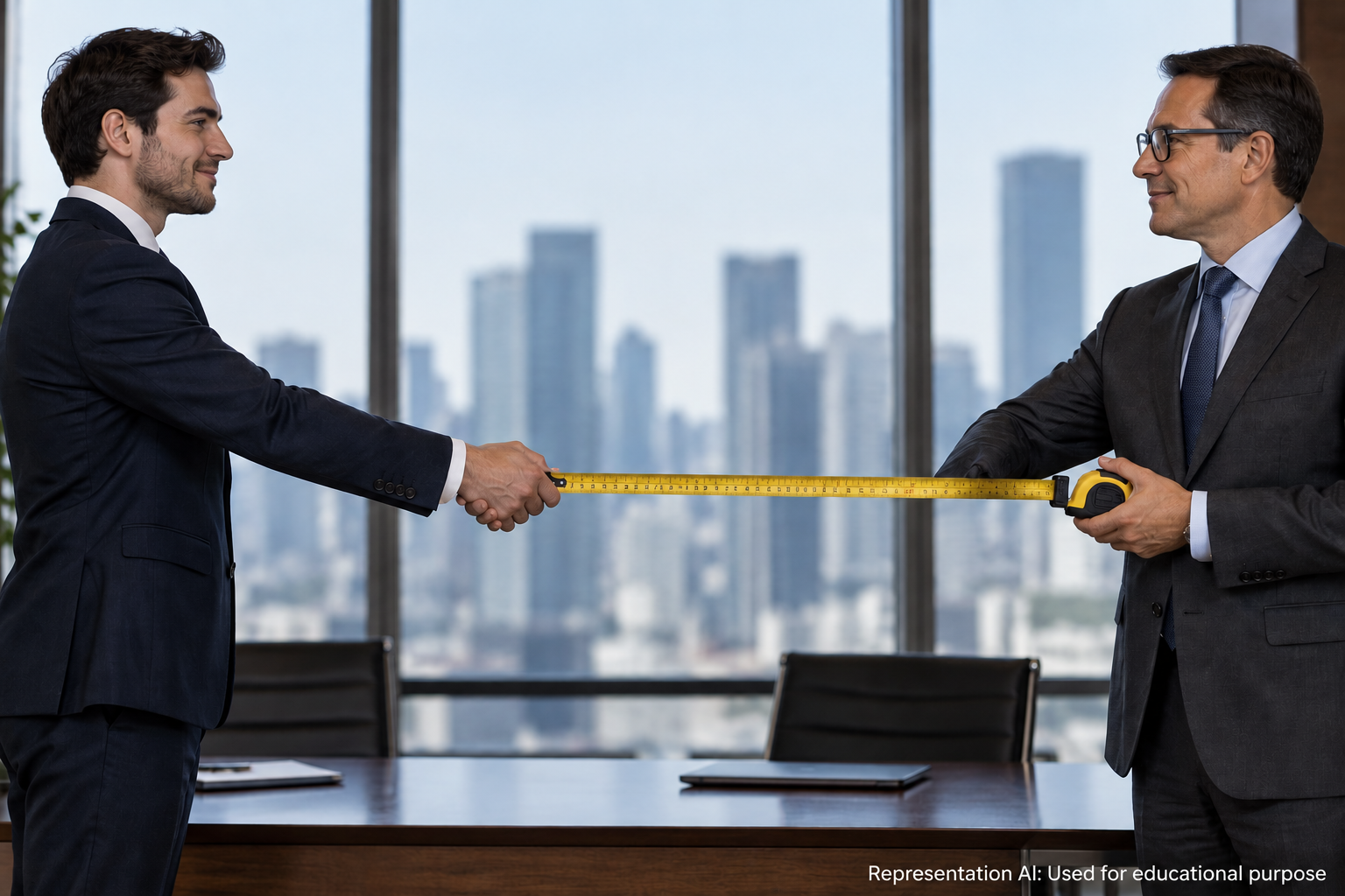 Two businessmen shaking hands while stretching a measuring tape taut between them, a city skyline behind them