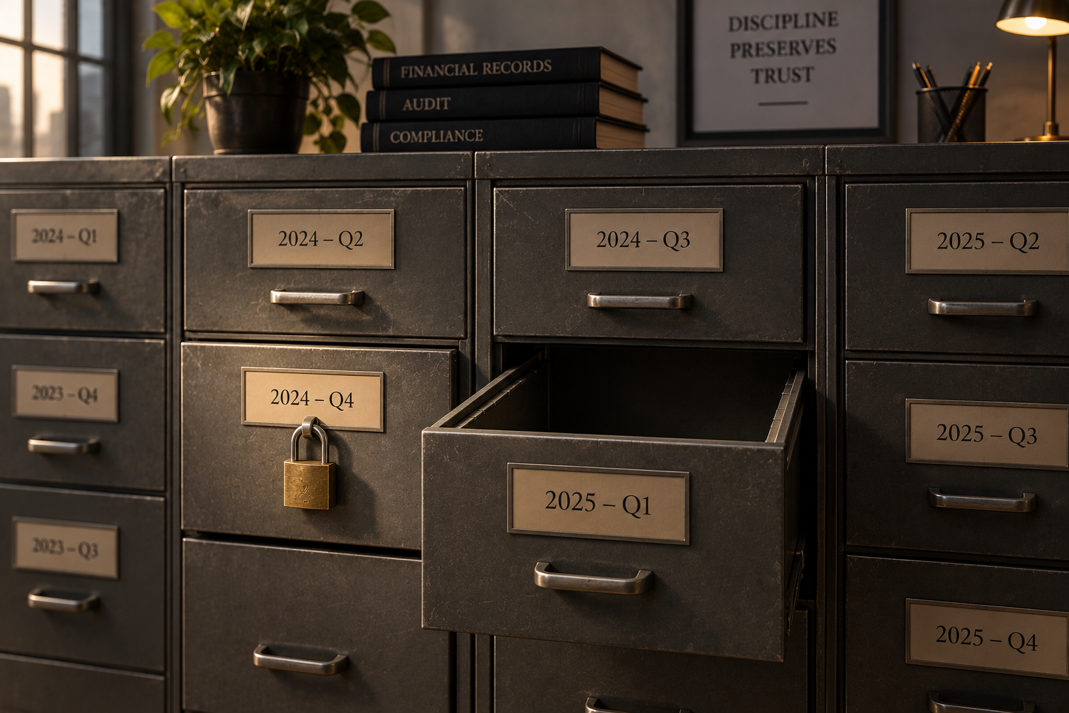 A filing cabinet with drawers labelled by year and quarter, the 2024-Q4 drawer secured with a padlock while the 2025-Q1 drawer sits open, beside a sign reading Discipline Preserves Trust