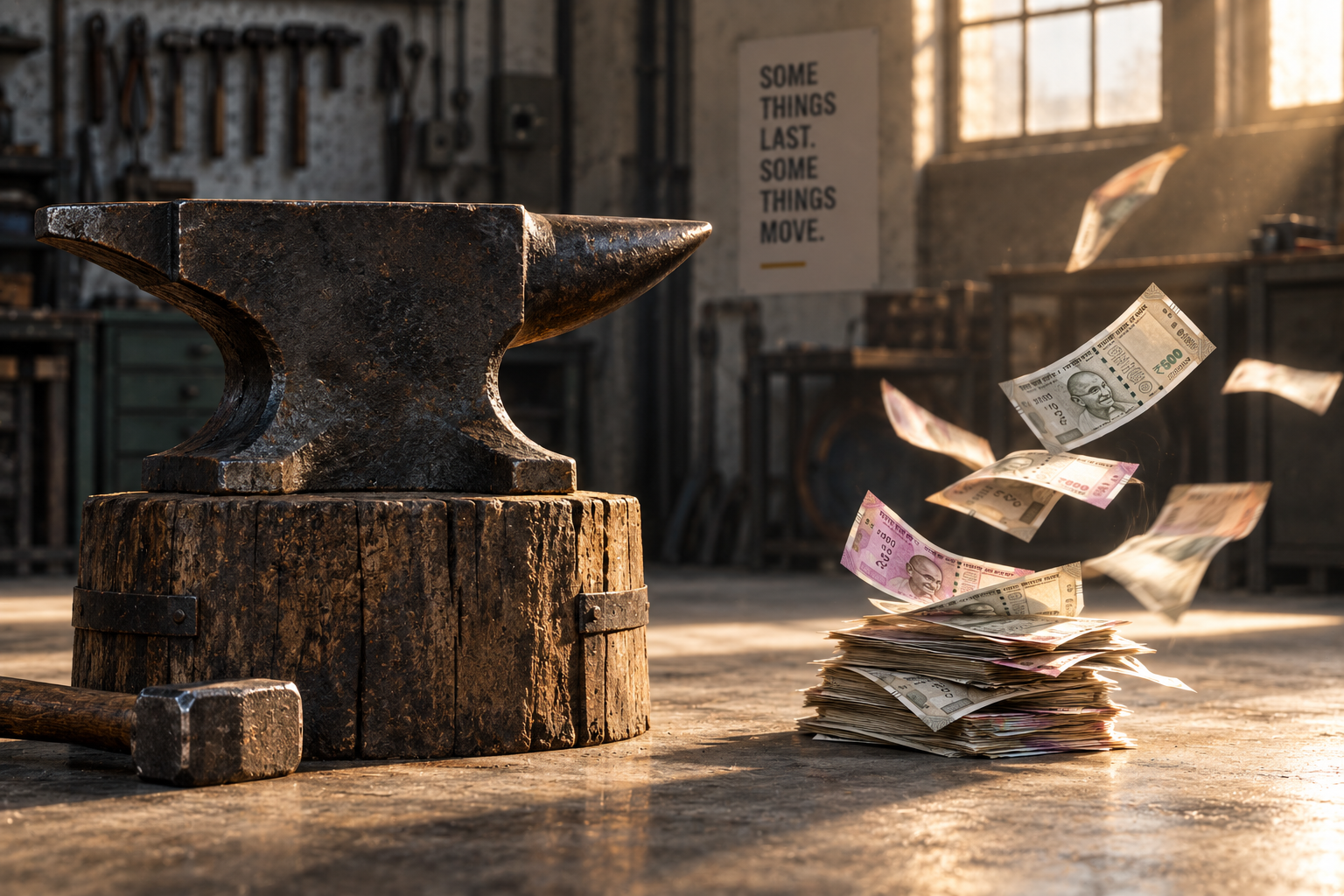 An anvil and hammer beside a stack of Indian rupee notes caught mid-air as if scattering, with a sign reading Some Things Last, Some Things Move
