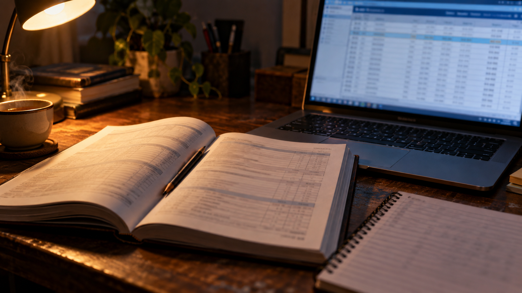 A Class 11 accounting textbook open beside a laptop showing a dense ERP screen, a cup of tea and a desk lamp lighting a late-evening study desk