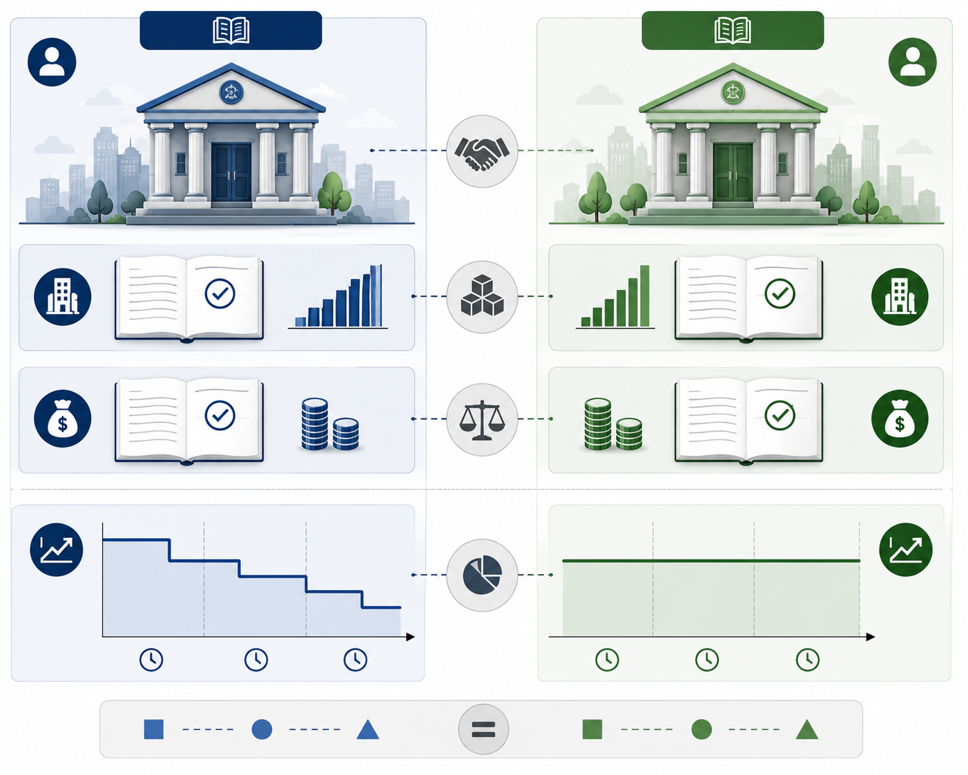 Step 10, ASC 842 versus IFRS 16 side by side: dual classification and a declining expense pattern on one side, a single model and a flat pattern on the other